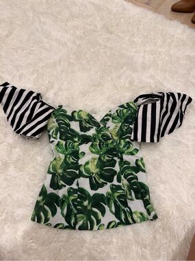 Caroline Constas Green Leaf Print Top with Black & White Stripes